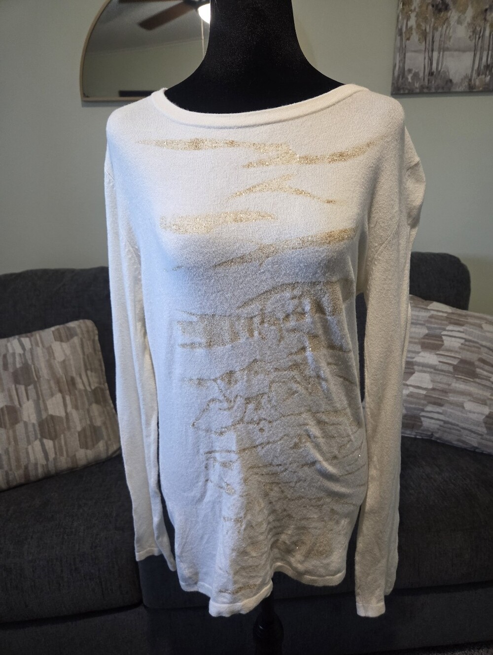 Belldini Cream Long Sleeve Top with Gold Accents